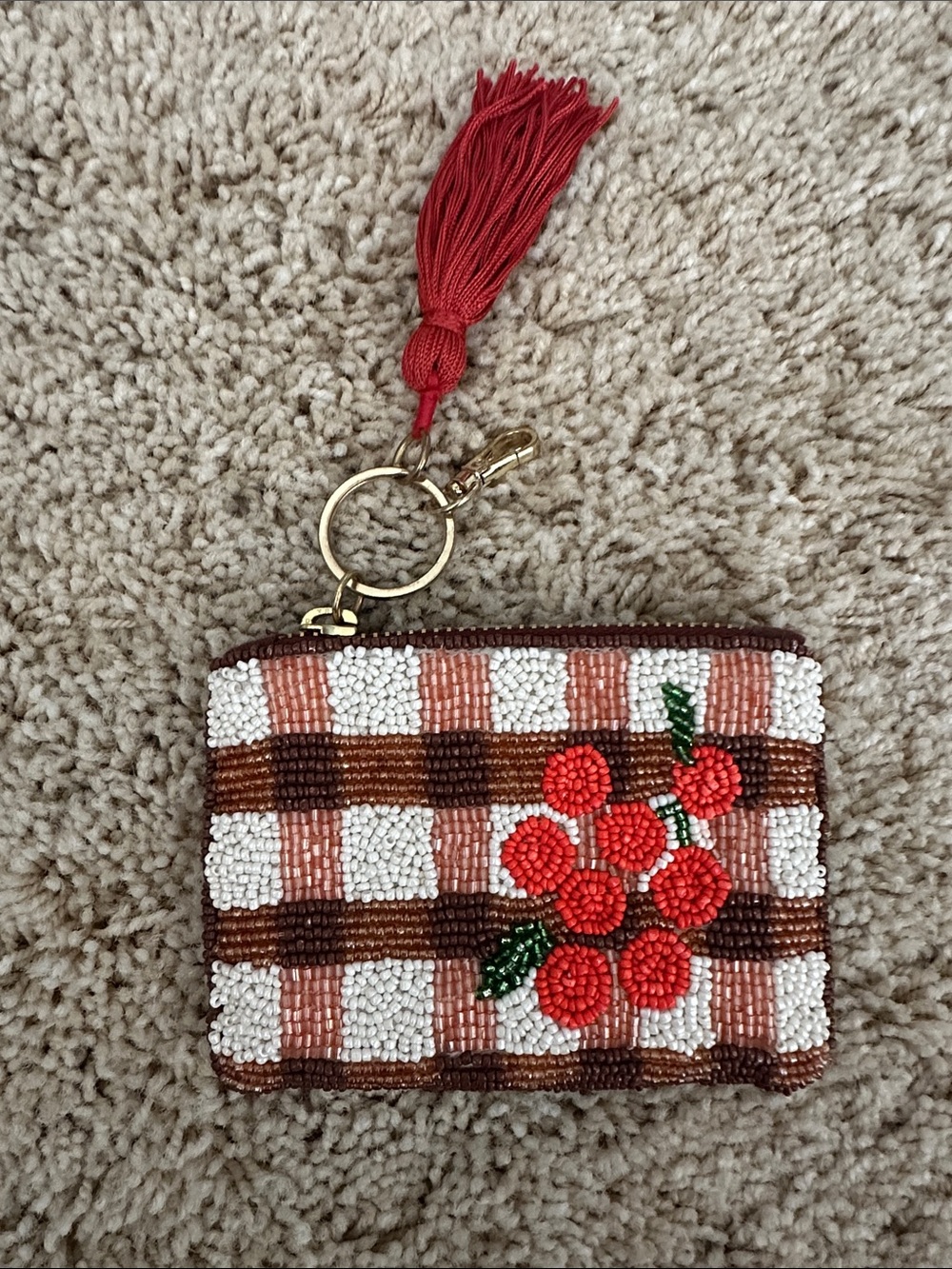 Anthropologie Red Tassel Beaded Cherry Coin Pouch